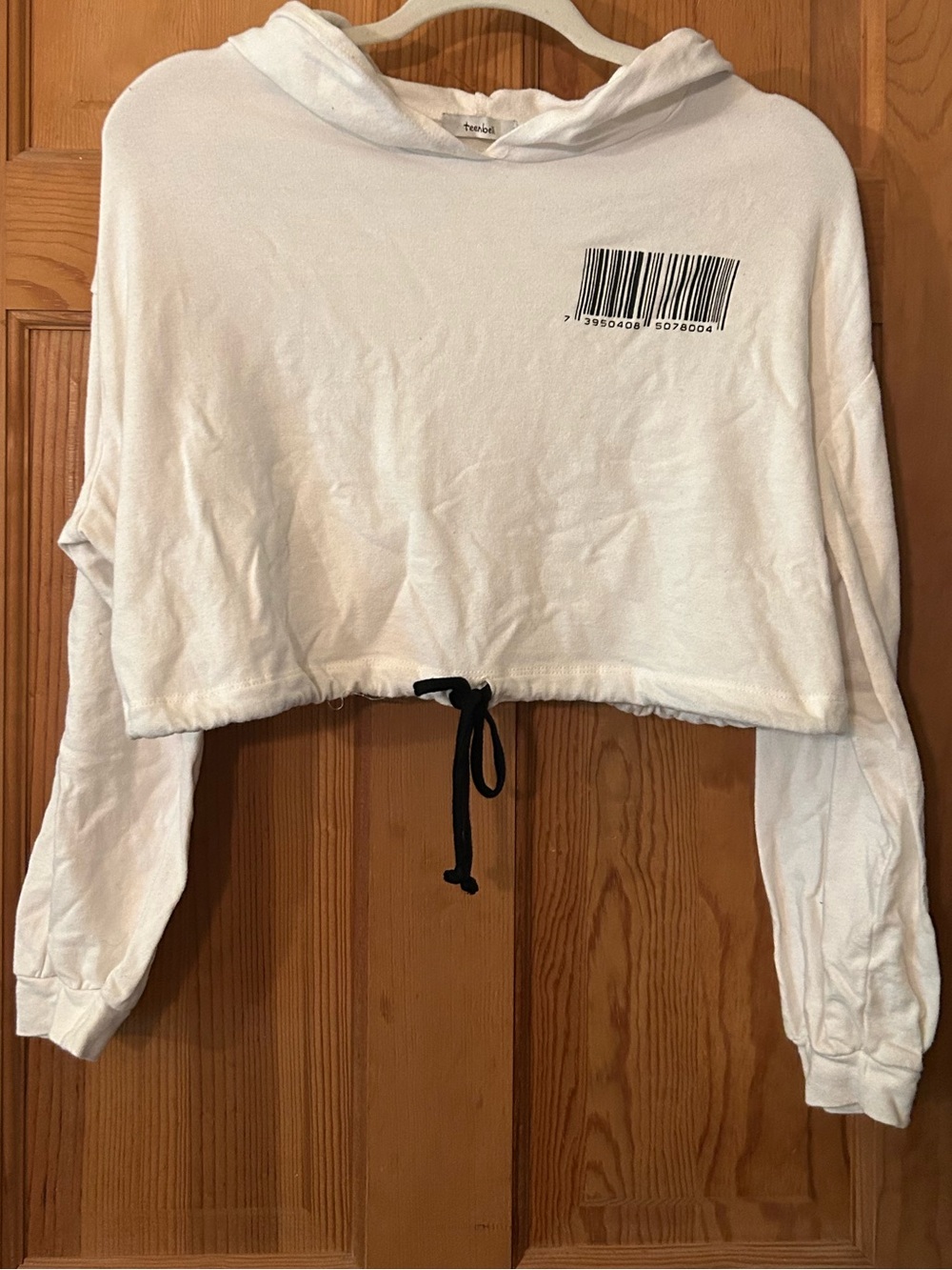 TeenBell White Cropped Hoodie with Barcode Print and Black Drawstring